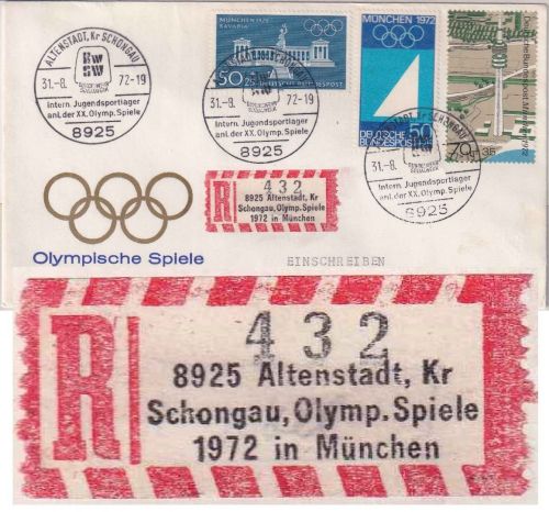 BRD - Altenstadt Olympiade 1972 SST Jugendlager Einschreibebrief Sonder-R-Zettel