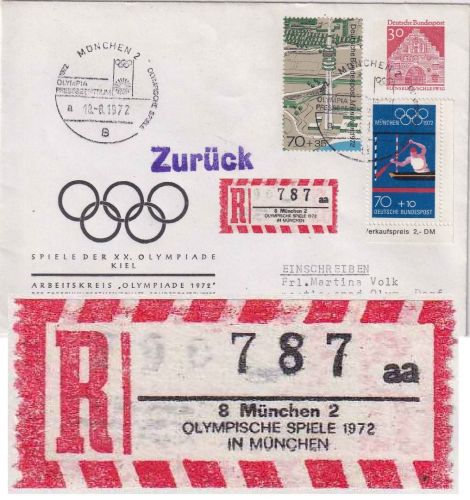BRD - Olympiade 1972 Privatganzsache/Einschreibebrief Sonder-R-Zettel München