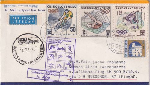 CSSR - 1,80 Kc. Olympiade München u.a. LH-Erstflug/Zuleitungspost 1972