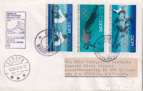 DDR Olympia-Sonderflug München/Sydney Zuleitungspost Schiffspost Warnemünde 1972