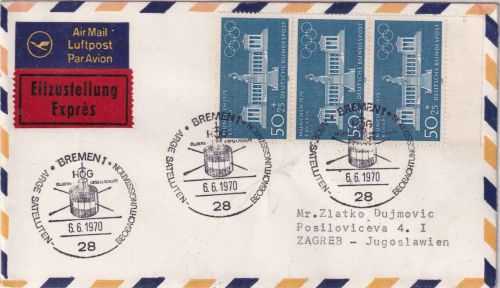 BRD - 3x50 Pfg. Olympiade München Lupo-Eilbrief n. JUGOSLAWIEN SST Bremen 1970