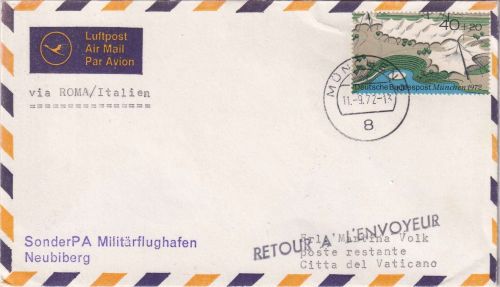 BRD - Olympiade 1972 Luftpostbrief n. VATIKAN L2 SonderPA Militärflughafen
