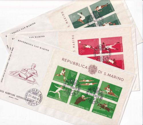 San Marino - Olympiade 1960 Rom 3 Blockausgaben je auf Schmuck-FDC + ESST