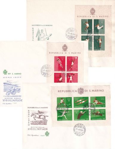 San Marino - Olympiade 1960 Rom 3 Blockausgaben je auf Schmuck-FDC + ESST