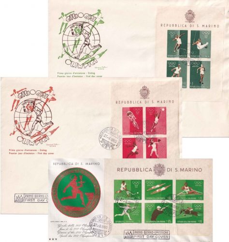 San Marino - Olympiade 1960 Rom 3 Blockausgaben je auf Schmuck-FDC + ESST