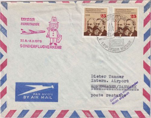 DDR - 2x25 Pfg. Marx/Engels Luftpostbrief n. DÄNEMARK Leipzig - Kopenhagen 1975