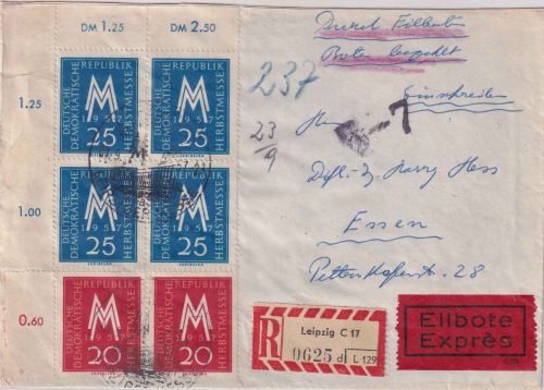 DDR - 25 Pfg. Leipziger Messe 4er-Block/Bogenecke u.a. Eil-R-Brief SST Leipzig