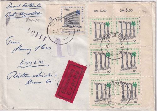 DDR - 10 Pfg. Leipziger Frühjahrsmesse 6er-Block/Bogenecke u.a. Eilbrief 1961