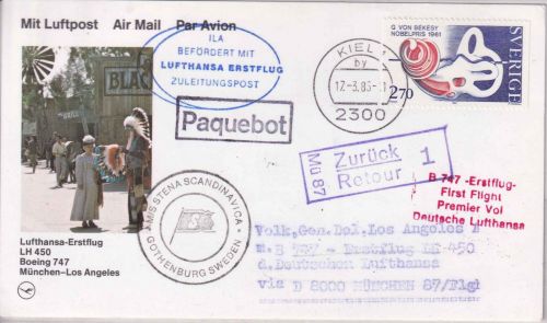 Schweden - 2,70 Kr Nobelpreis Schiffspost/Zuleitung Lufthansa-Erstflug 1985