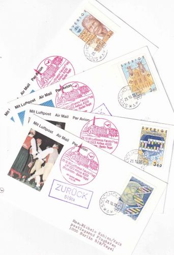 Schweden - Nobelpreis Physiologie & Medizin 4 Luftpostkarten/LH-Erstflug 1990