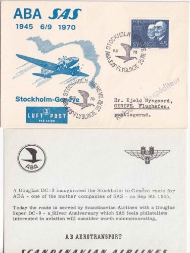 Schweden - SAS Erstflug Stockholm/Geneve Luftpostbrief 1970