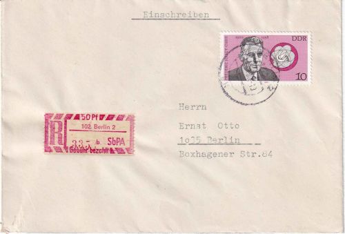 DDR - 10 Pfg. Joliot-Curie + 50 Pfg. SbPA Einschreibe-Ortsbrief Berlin 1980