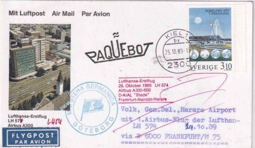 Schweden - 3,10 Kr Nobelpreis Schiffspost/Zuleitung Lufthansa-Erstflug 1989