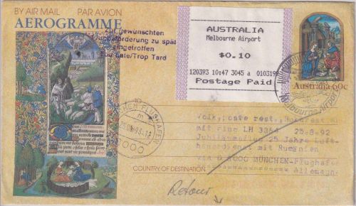 Australien - 60 C. Ganzsache/Aerogramme Weihnachten LH-Erstflug 1993