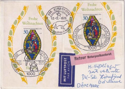 Berlin - Weihnachten 1976 2x30 Pfg. Luftpostkarte/FDC n. GRÖNLAND