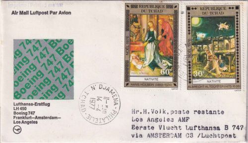 Tschad - 30+60 Fr. Weihnachten 1976 Luftpostbrief/Zuleitungspost Djamena 1977