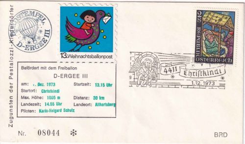 Österreich - 13. Weihnachts-Ballonpost D-ERGEE III SST (9) Christkindl 1973
