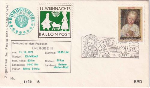 Österreich - 11. Weihnachts-Ballonpost D-ERGEE III SST (8) Christkindl 1971