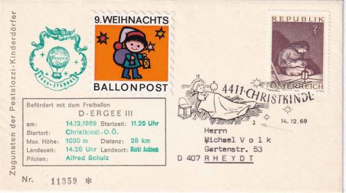 Österreich - 9. Weihnachts-Ballonpost D-ERGEE III SST (3) Christkindl 1969