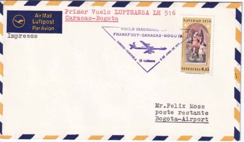 Venezuela - 45 C. Weihnachten Luftpostbrief/LH-Erstflug Caracas/Bogota 1971