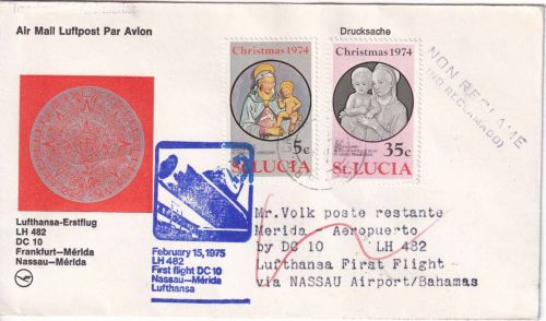 St. Lucia - 35+5 C. Weihnachten Luftpostbrief/LH-Erstflug Nassau/Merida 1975