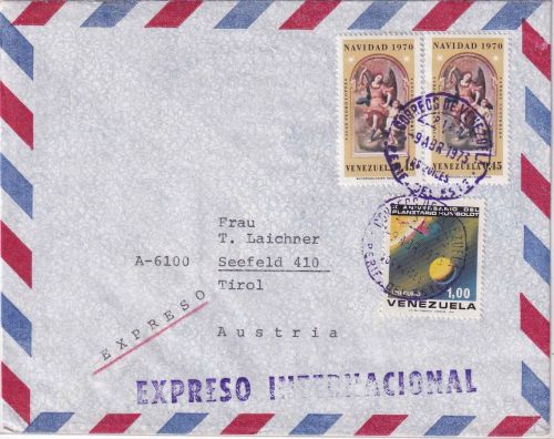 Venezuela - 2x45 C. Weihnachten ua. Luftpost-Expressbrief Caracas - Seefeld 1973