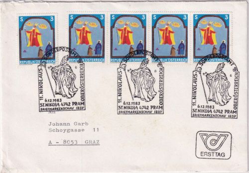 Österreich - 5x3 S. St. Nikolaus Einschreibebrief/FDC SST Pram - Graz 25.11.83