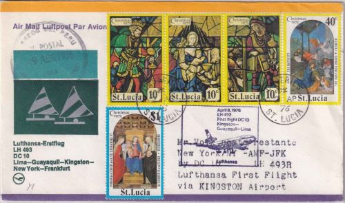 St. Lucia - 1$ u.a. Weihnachten Luftpostbrief LH-Erstflug Zuleitungspost 1976