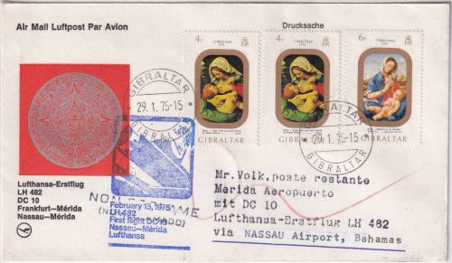Gibraltar - 2x4+6 C. Weihnachten Luftpostbrief LH-Erstflug Zuleitungspost 1975