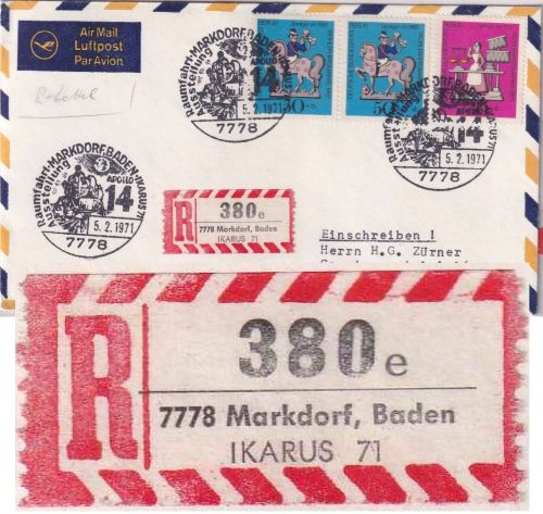 BRD - Markdorf "IKARUS 71" Sonder-R-Zettel + SST Einschreibebrief 1971