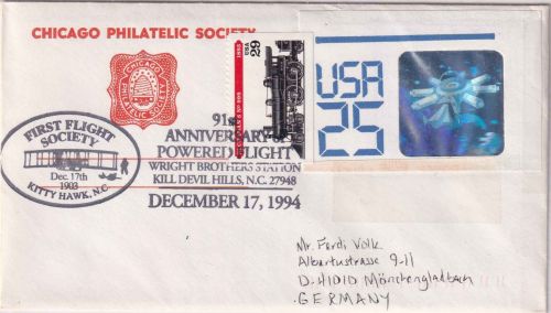 USA - 25 C. Satellit Hologramme GA-Ausschnitt ua Brief SST Kill Devil Hills 1994