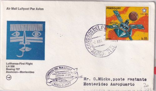 Paraguay - 10 G. Satellit Luftpostbrief LH-Erstflug Asuncion/Montevideo 1977