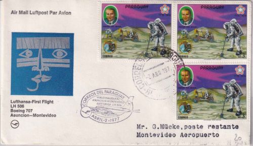 Paraguay - 3x3 G. W. v. Braun Luftpostbrief LH-Erstflug Asuncion/Montevideo 1977