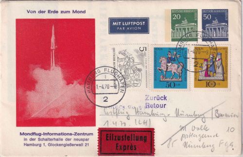 Berlin - Hamburg Mondflug-Infozentrum Privatganzsache+Zusatz/Lupo-Eilbrief 1940
