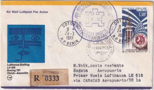 Benin - 130 Fr. 5 J. Apollo 14 Lupo-Einschreibebrief/LH-Erstflug Zuleitung1977