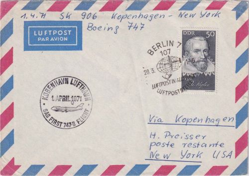 DDR - 50 Pfg. Kepler Luftpostbrief/SAS-Erstflug Zuleitungspost Berlin 1971
