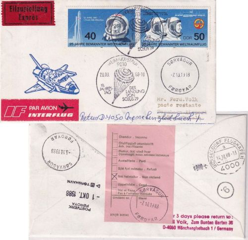 DDR - 40+50 Pfg. Weltraum Lupo-Eilbrief n. FÄRÖER SST Karl-Marx-Stadt 1988