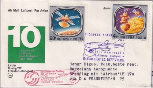 Ungarn - 4 Ft. u.a. Weltraumforschung Lupo-Brief/LH-Erstflug Zuleitungspost 1977