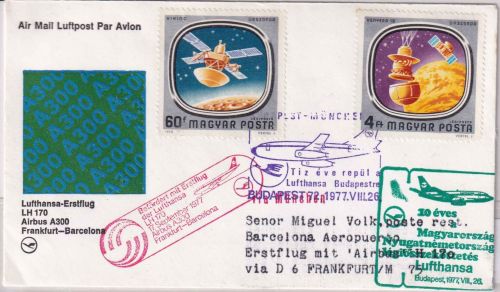 Ungarn - 4 Ft. u.a. Weltraumforschung Lupo-Brief/LH-Erstflug Zuleitungspost 1977