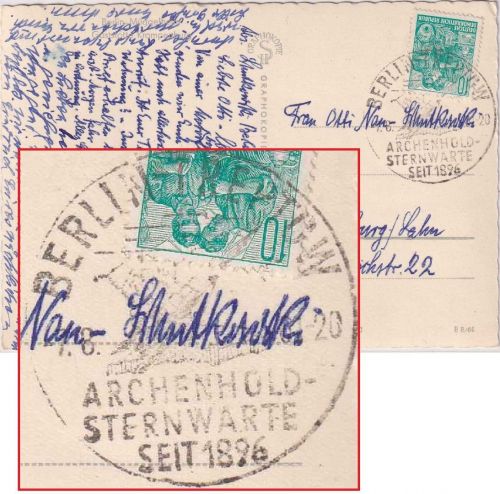 DDR - Berlin-Treptow Achenhold Sternwarte Handwerbestempel Karte n. Marburg 1961