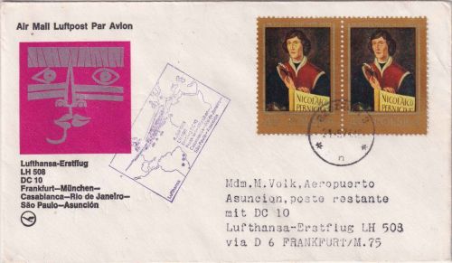 Polen - 2x4 Zl. 500. Geb. Kopernikus Luftpostbrief/Zuleitung LH-Erstflug 1974