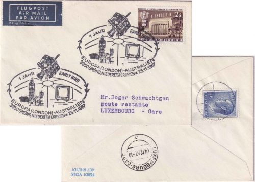 Österreich - Gmünd 1967 1 J. Early Bird Satellit Luftpostbrief n. LUXEMBURG 1968