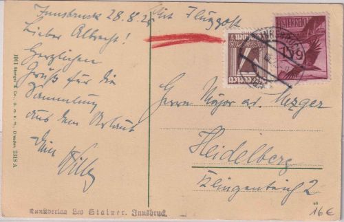 Österreich - 15g Flugpost u.a. Luftpostkarte Innsbruck - Heidelberg 1929