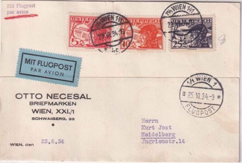 Österreich - 5+10+25g Flugpost Luftpostkarte Wien - Heidelberg 23.6.34