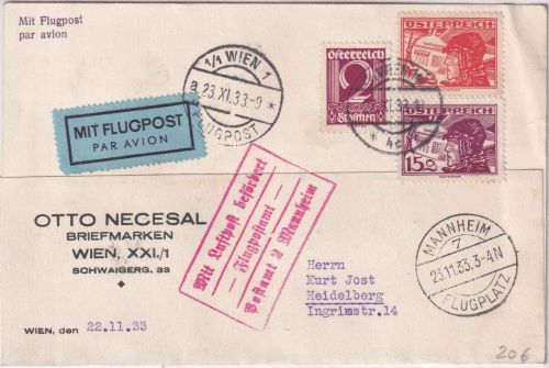 Österreich - 15g Flugpost u.a. Luftpostkarte Wien - Heidelberg 22./23.6.34