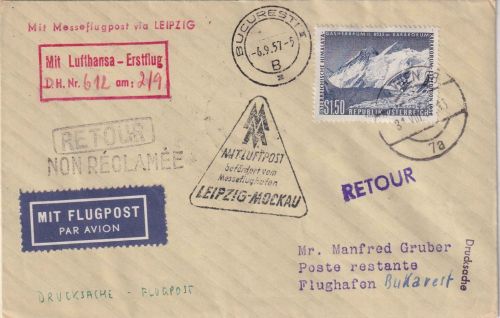 Österreich - Messe-Sonderflug Leipzig/Bukarest Zuleitungspost ab Wien 1957