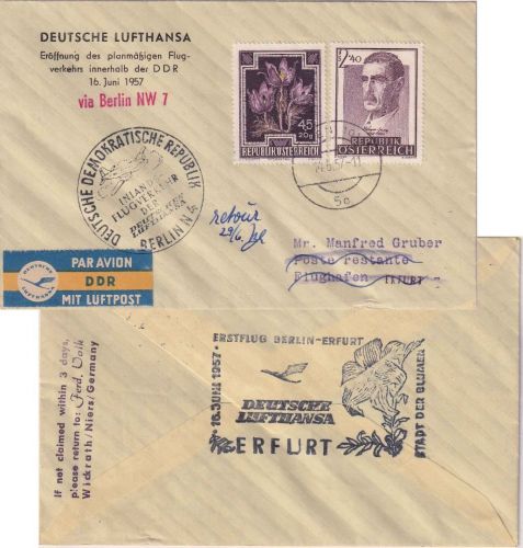 Österreich - Interflug Erstflug Berlin/Erfurt Zuleitungspost ab Wien 1957