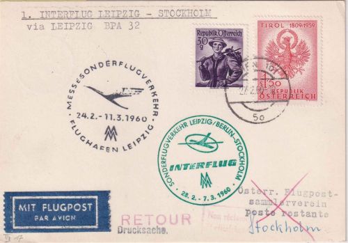 Österreich - Messe-Sonderflug Leipzig/Stockholm Zuleitungspost ab Wien 1960