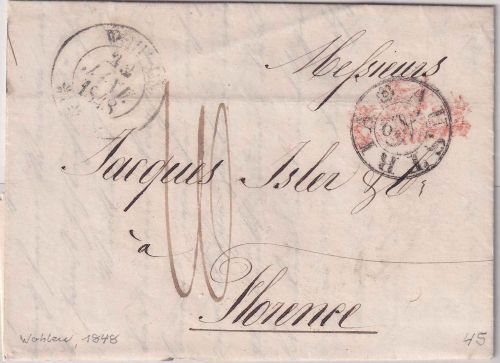Schweiz/Italien - Wohlen 1848 Portobrief n. Florenz Transit-K2 "Austria"