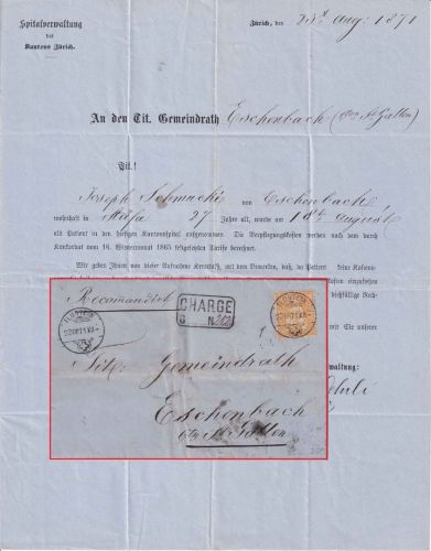 Schweiz - 20 Rp. sitz. Helvetia Chargebrief Fluntern - Eschenbach 1871